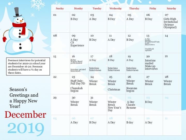 Calendar Swenson Arts Technology High School